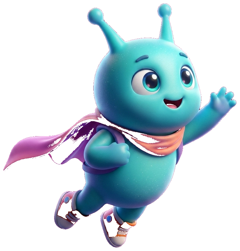 Vigxo, the vigxo mascot, waving mid-flight through space