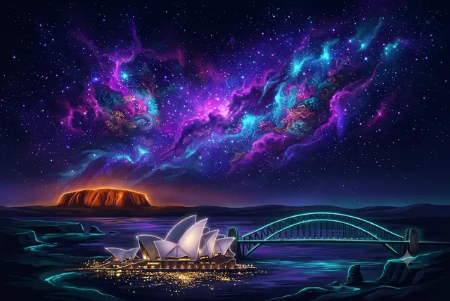 Sydney Opera House and the Harbour Bridge lit across the water, with Uluru glowing on the horizon