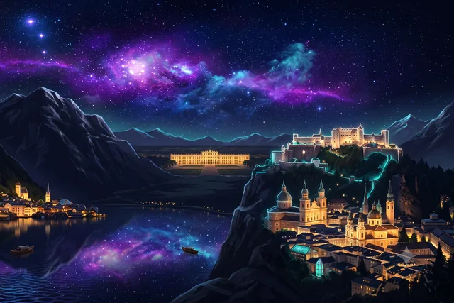 A lakeside alpine village below dark mountains with a hilltop fortress above the valley