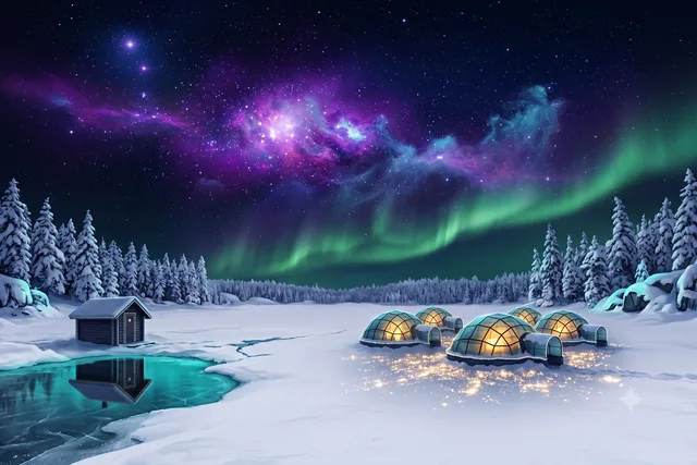 Snow-laden spruce forest with glowing glass igloos and a frozen lake under aurora
