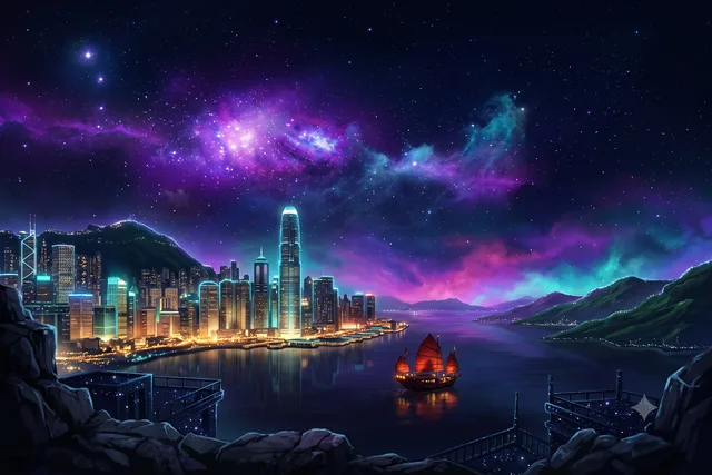 A dense harbour skyline seen from the peak with a red-sailed junk on the water