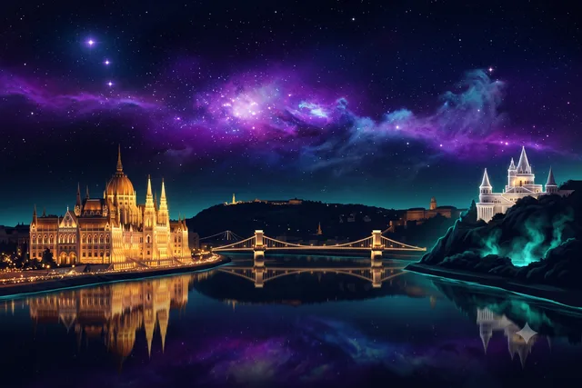 A spired parliament along a still river, a chain bridge, and white turrets on the hill above