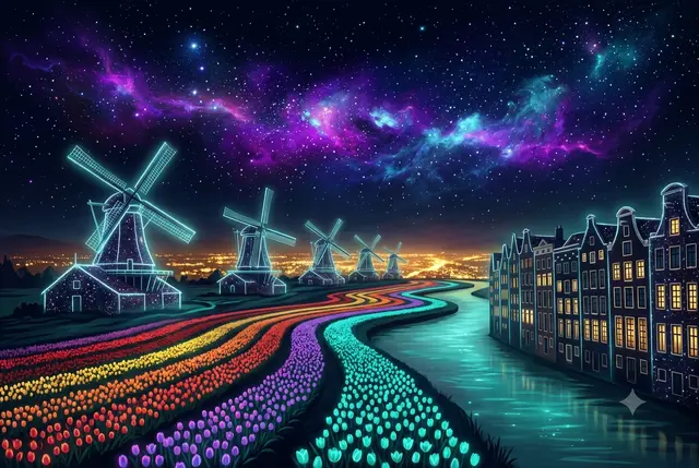 Windmills above rainbow tulip fields beside an Amsterdam canal lined with gabled houses