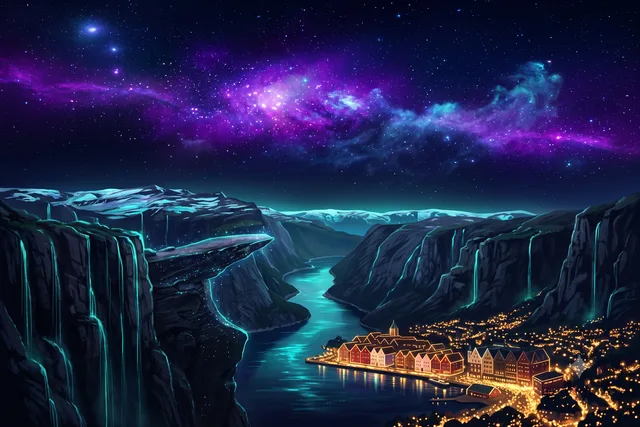 A deep fjord between sheer cliffs, waterfalls falling in thin threads, and a lit waterfront