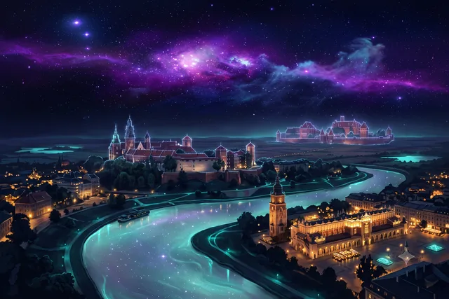 A castle on a limestone rise above a glowing river, with a lit market square below