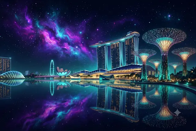 Marina Bay Sands and the glowing Supertrees mirrored in still water beneath a violet nebula