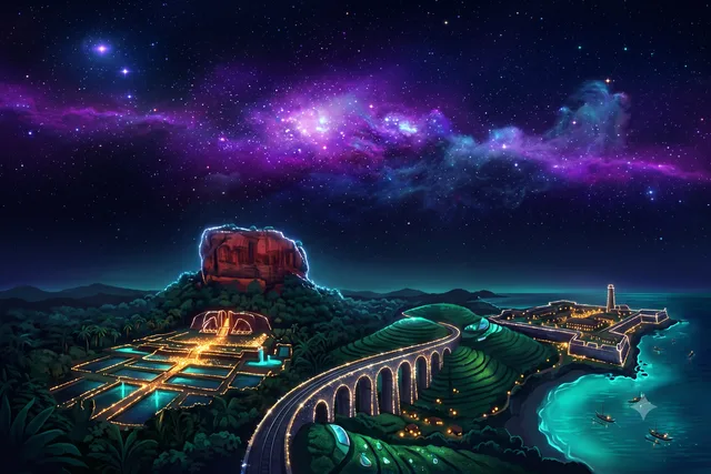A red rock monolith above jungle, an arched viaduct through tea hills, and a sea fort