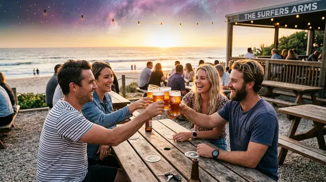 Friends clinking beer glasses at a relaxed outdoor Australian beachside pub at sunset