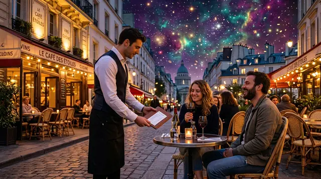 A waiter placing a bill folder on a Parisian sidewalk cafe table at dusk