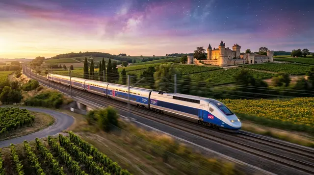 A French TGV high-speed train passing a chateau and vineyards at sunset