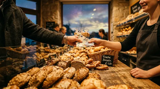 A hand paying with euro cash at a traditional German bakery counter