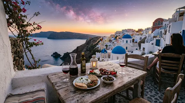 A rustic Greek taverna table on a whitewashed terrace overlooking the sea at sunset