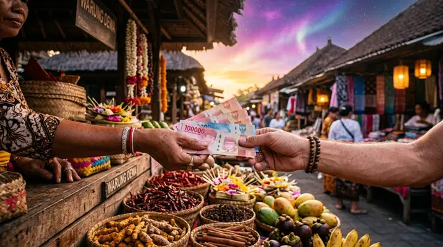 A hand exchanging Indonesian rupiah cash at a traditional market stall in Bali