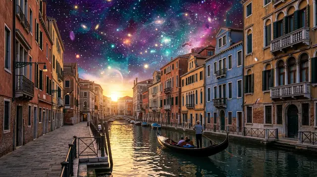 A gondola passing colourful waterfront buildings on a quiet Venice canal