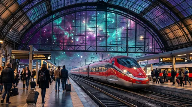 A high-speed train arriving at a Rome station platform with travellers and luggage