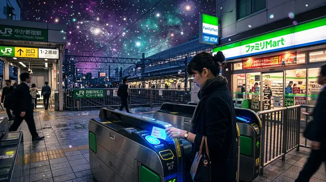 A traveller tapping an IC transit card at a Tokyo station gate beside a lit FamilyMart storefront