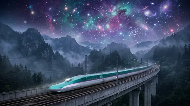 A Shinkansen bullet train crossing a misty mountain viaduct at night