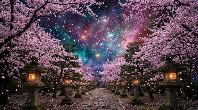 A stone-lantern path through blooming cherry trees leading to a torii gate