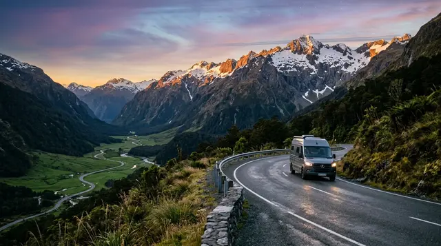 A campervan driving a winding scenic road through New Zealand mountains at dusk