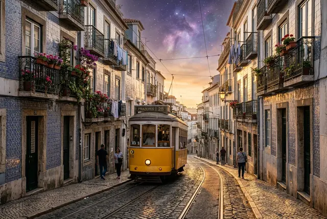 A classic yellow Lisbon tram climbing a cobblestone street lined with azulejo tiles