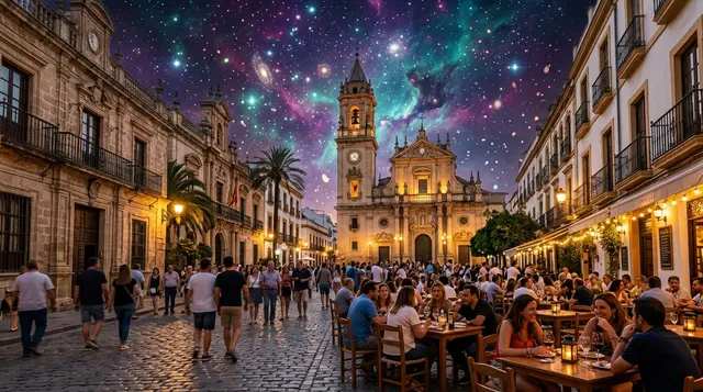 People gathering at a Spanish plaza terrace during a late evening paseo