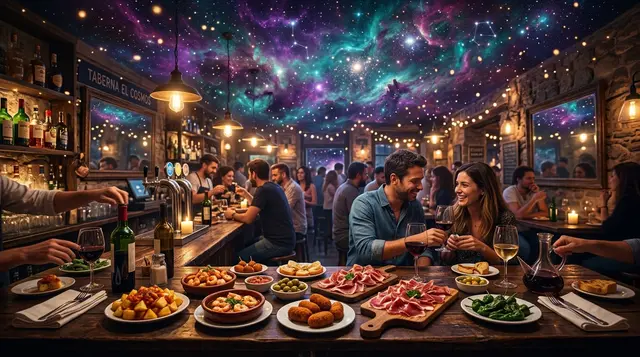 Small plates and wine glasses on a rustic Spanish tapas bar counter at night