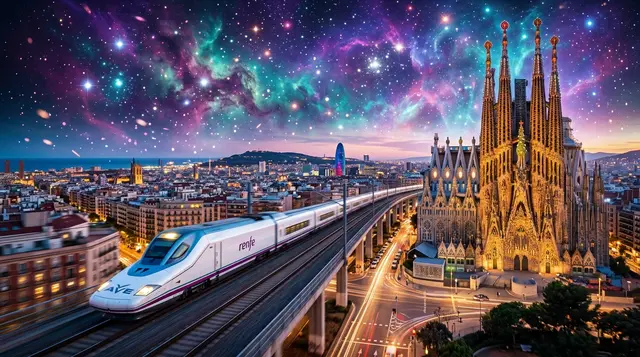 A Spanish high-speed AVE train passing Barcelona architecture