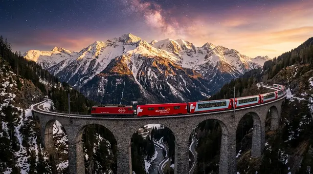 A red Swiss cogwheel train crossing a stone viaduct through snow-capped Alps at dusk