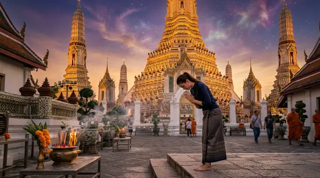 A visitor with covered shoulders at a golden Thai Buddhist temple at dusk