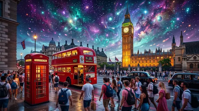 A red telephone box and double-decker bus on a London street near Big Ben
