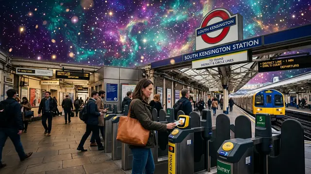 A commuter tapping a contactless card at a London Underground ticket gate