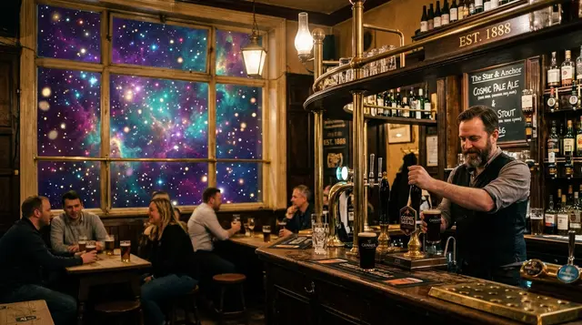 A bartender pulling a pint in a classic British pub interior