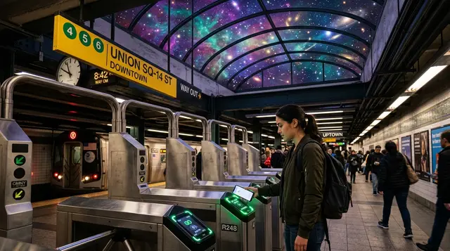 A commuter tapping a phone at a New York City subway turnstile