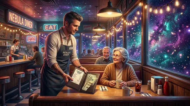 A waiter presenting a check folder with cash tips at an American diner booth