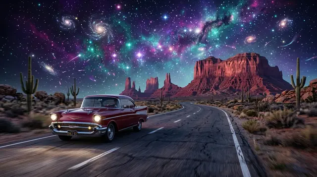 A car driving an open desert highway toward red rock formations at dusk