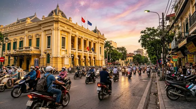 Motorbikes weaving past a French colonial-style building in a Vietnamese city at golden hour